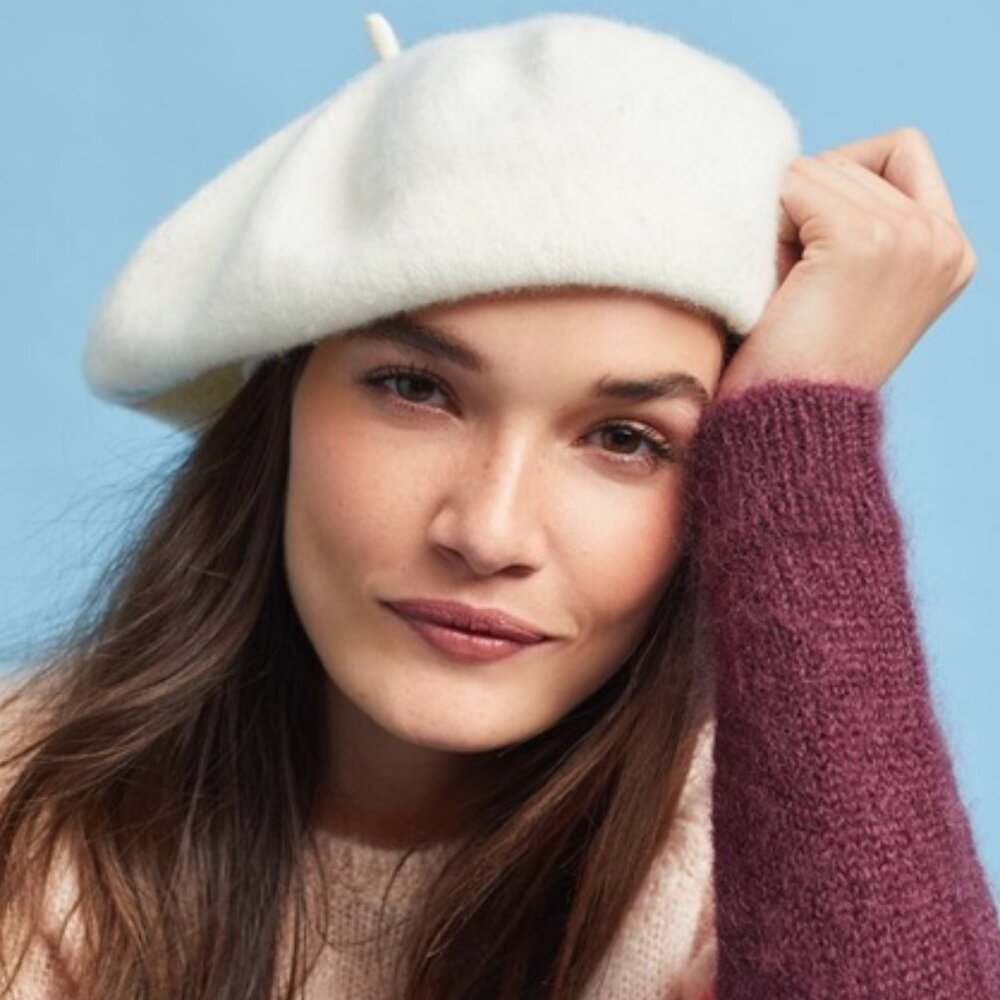 Anthropologie Ivory Wool Blend Classic Fall Beret Hat Cap